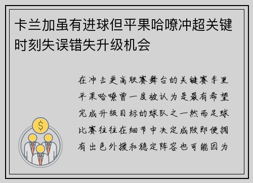 卡兰加虽有进球但平果哈嘹冲超关键时刻失误错失升级机会